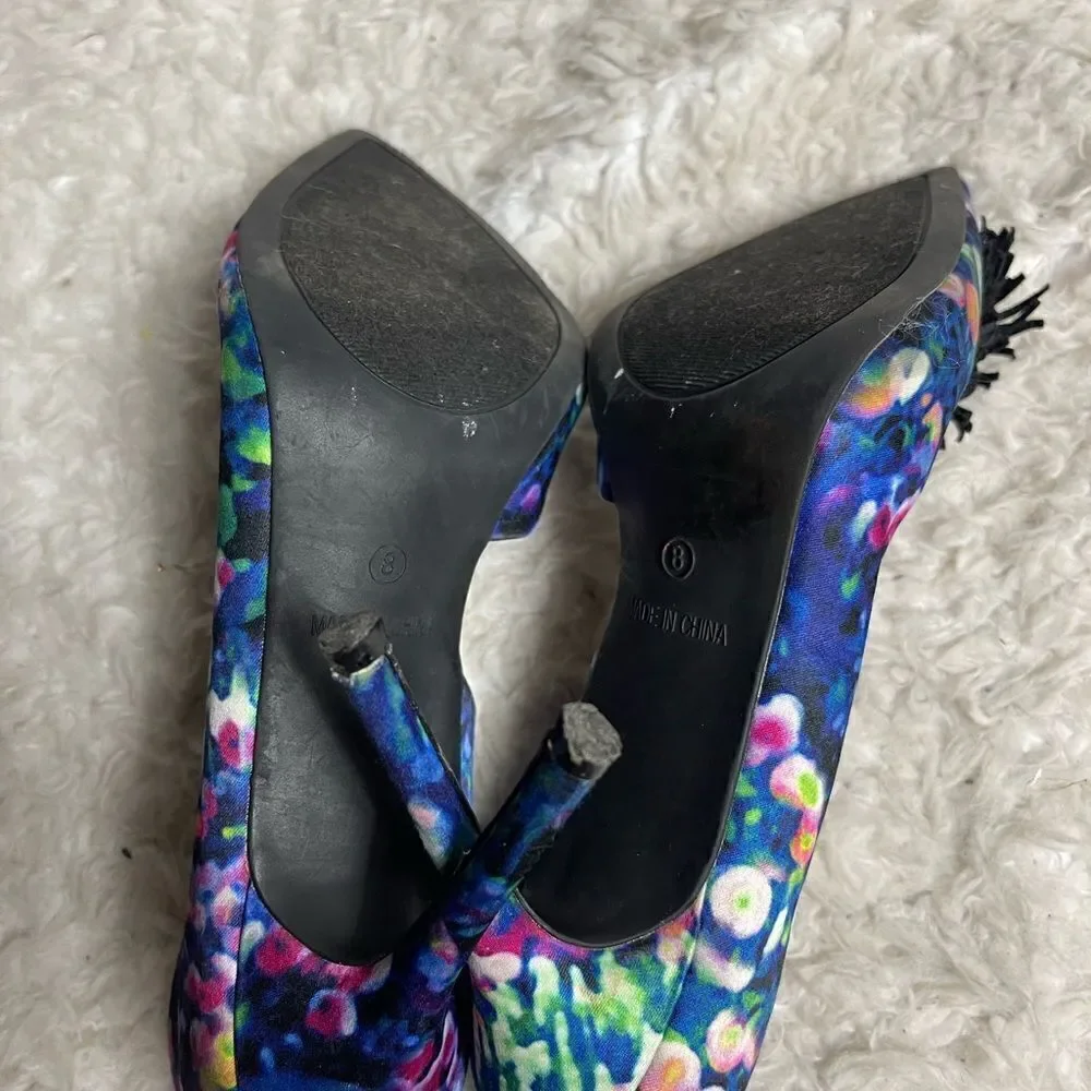 Betsey Johnson Hallye Fabric multi  color slip on heels black pompon accent SZ8